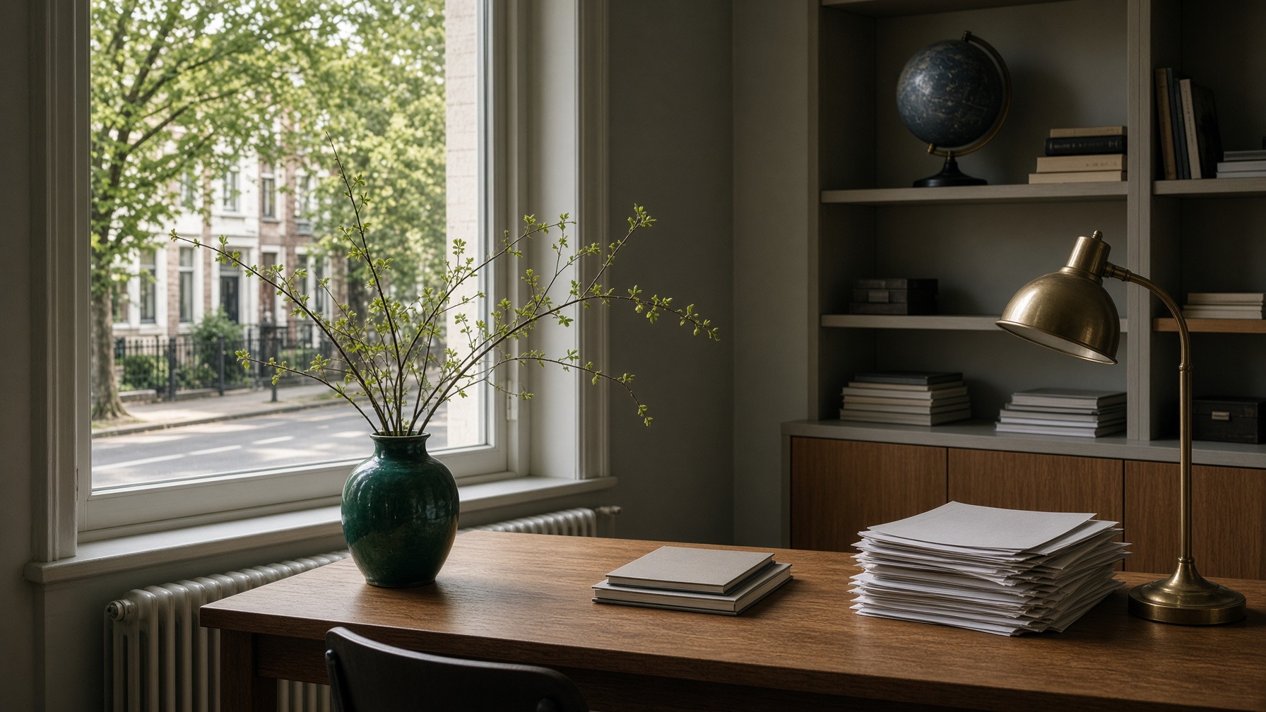 Bureau de Bll Consulting à Woluwe-Saint-Pierre, documents de travail et globe
