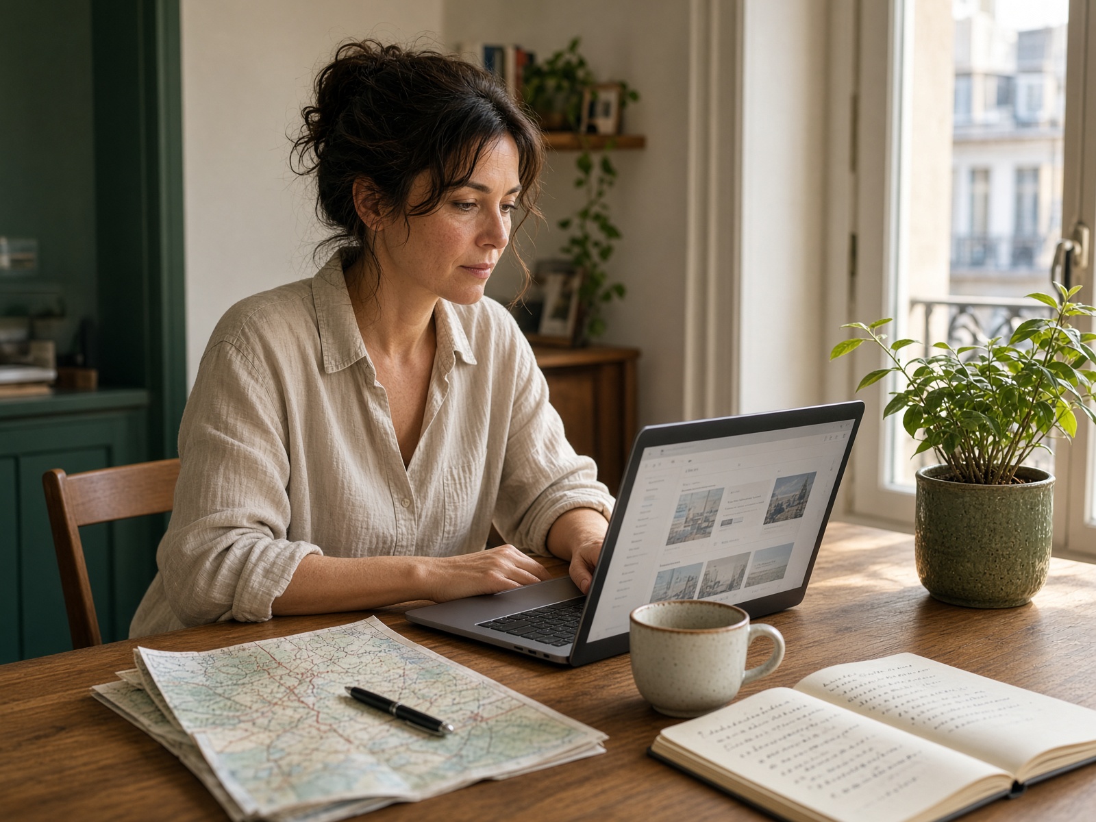 Personne comparant des offres de voyage et un carnet de budget à son bureau