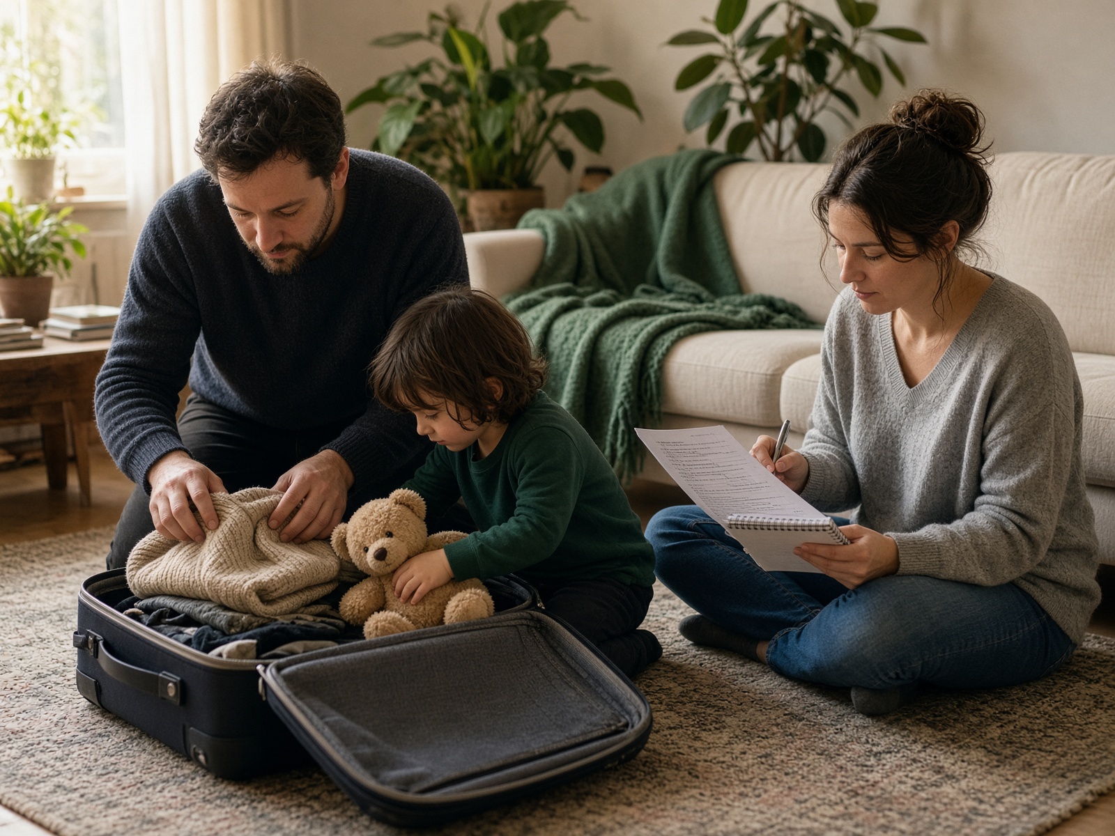 Famille préparant une valise et une liste de dépenses avant les vacances