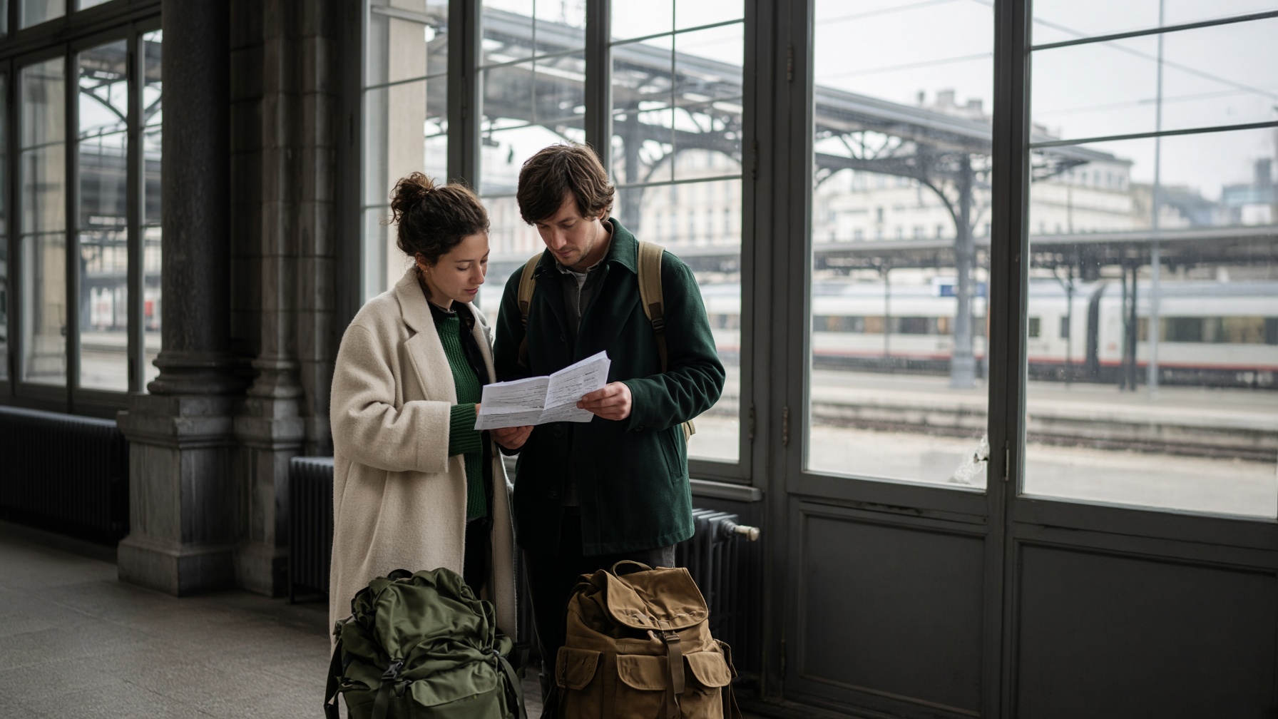 Voyageurs consultant un itinéraire papier dans une gare belge