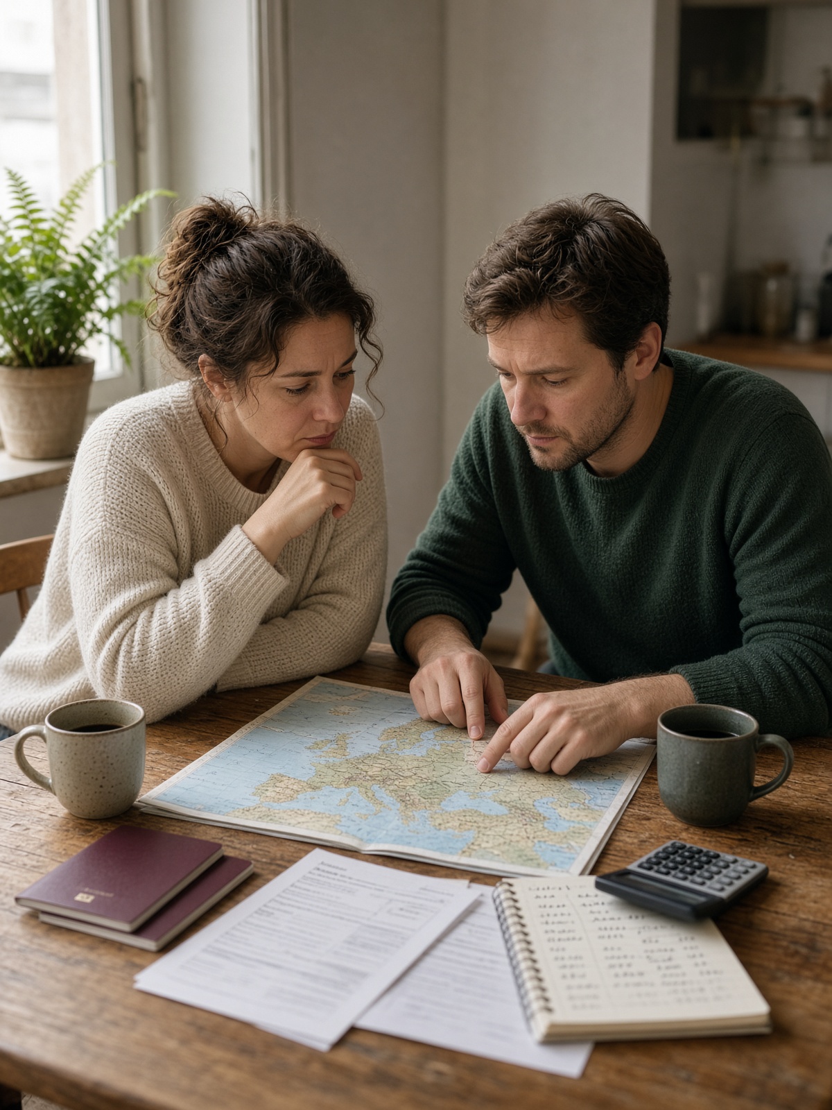 Couple à Bruxelles comparant cartes, passeports et notes de budget avant de réserver un séjour